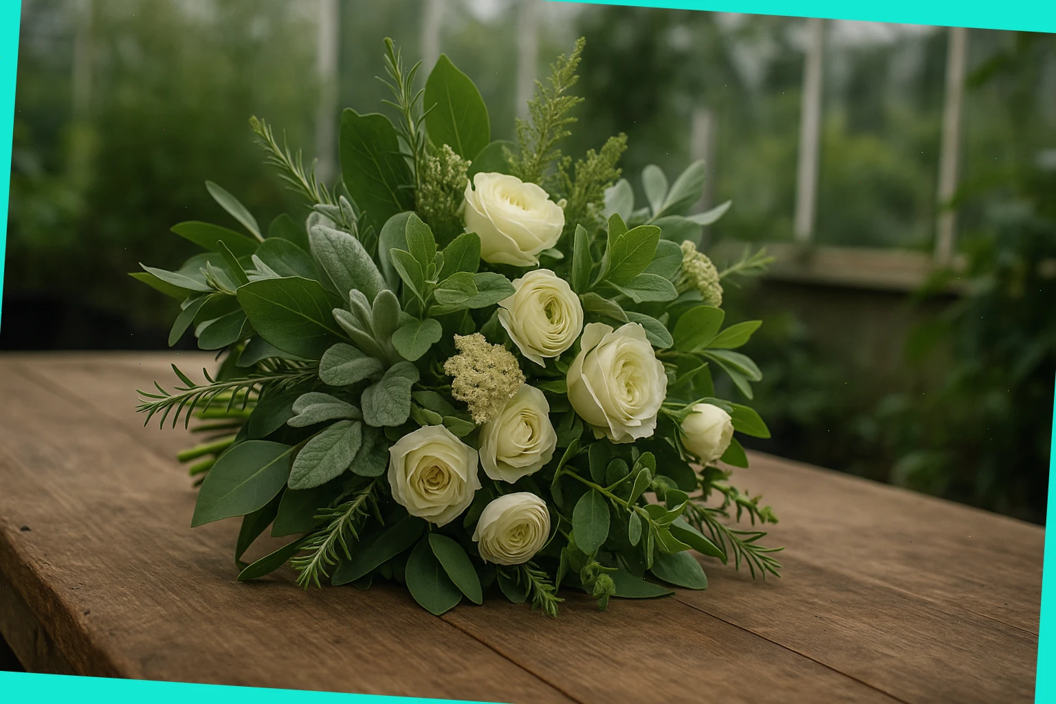 Green-focused bouquet with herbs, foliage and pale blooms from the glasshouse