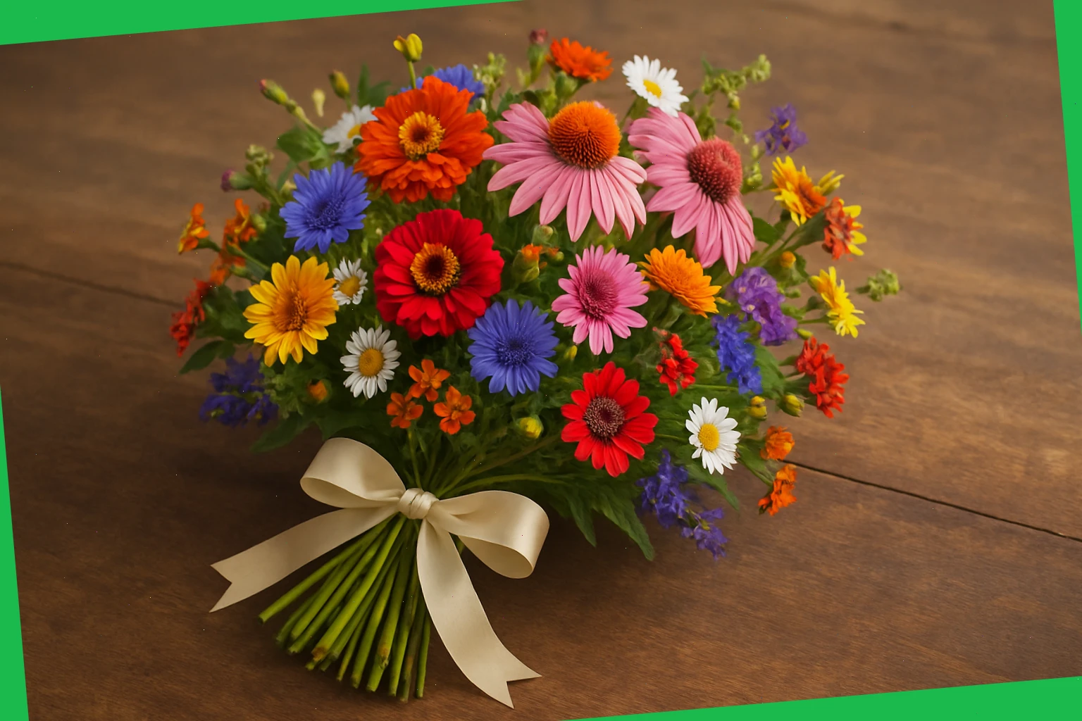 Bright hedgerow flowers arranged with simple ribbon
