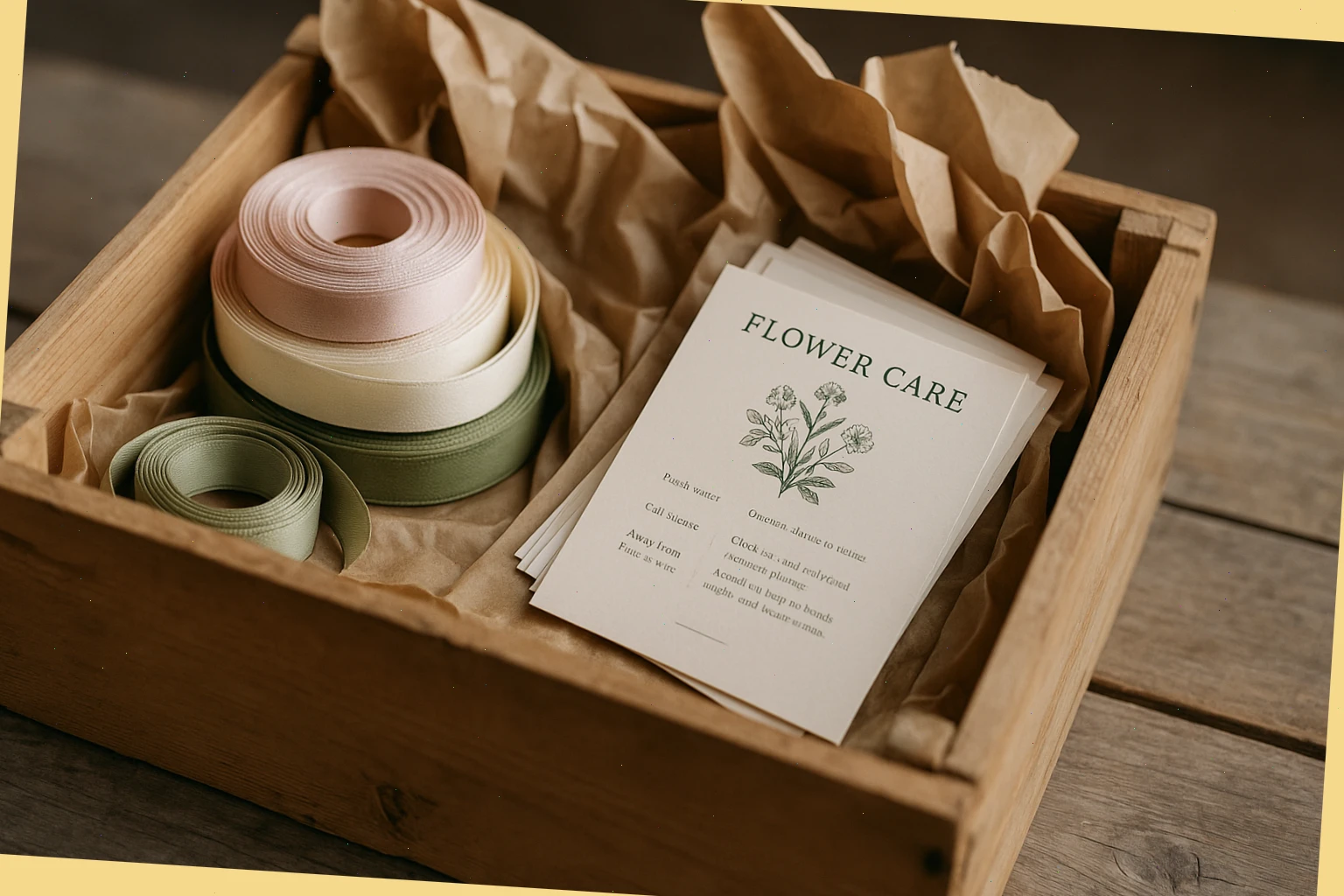 Crate with ribbons, spare wrap and care cards ready for delivery