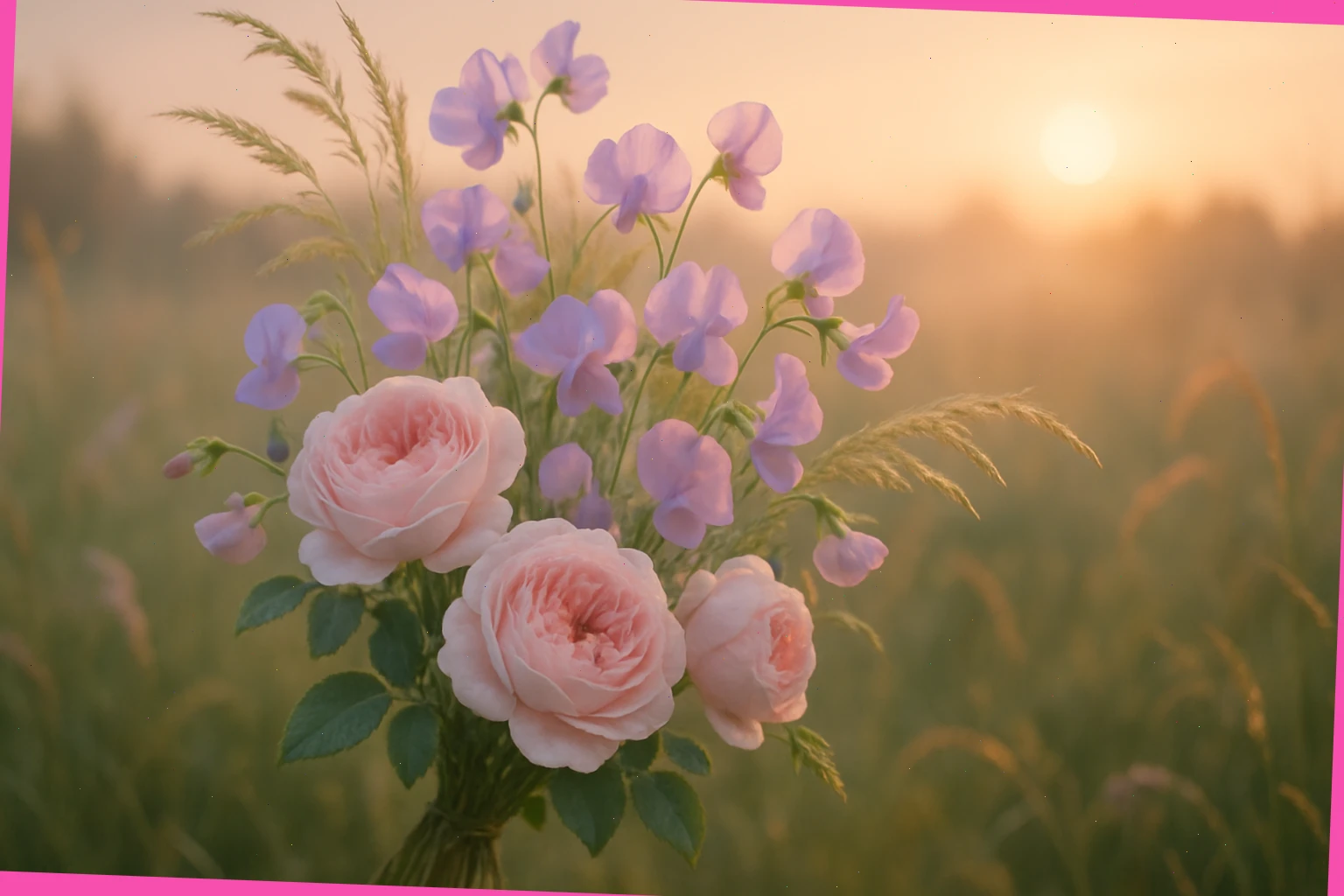 Soft dawn bouquet with meadow grasses, sweet peas and garden roses
